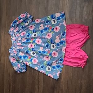 Marie Nicole XL 5 girls smocked blue pink floral outfit shirt and shorts